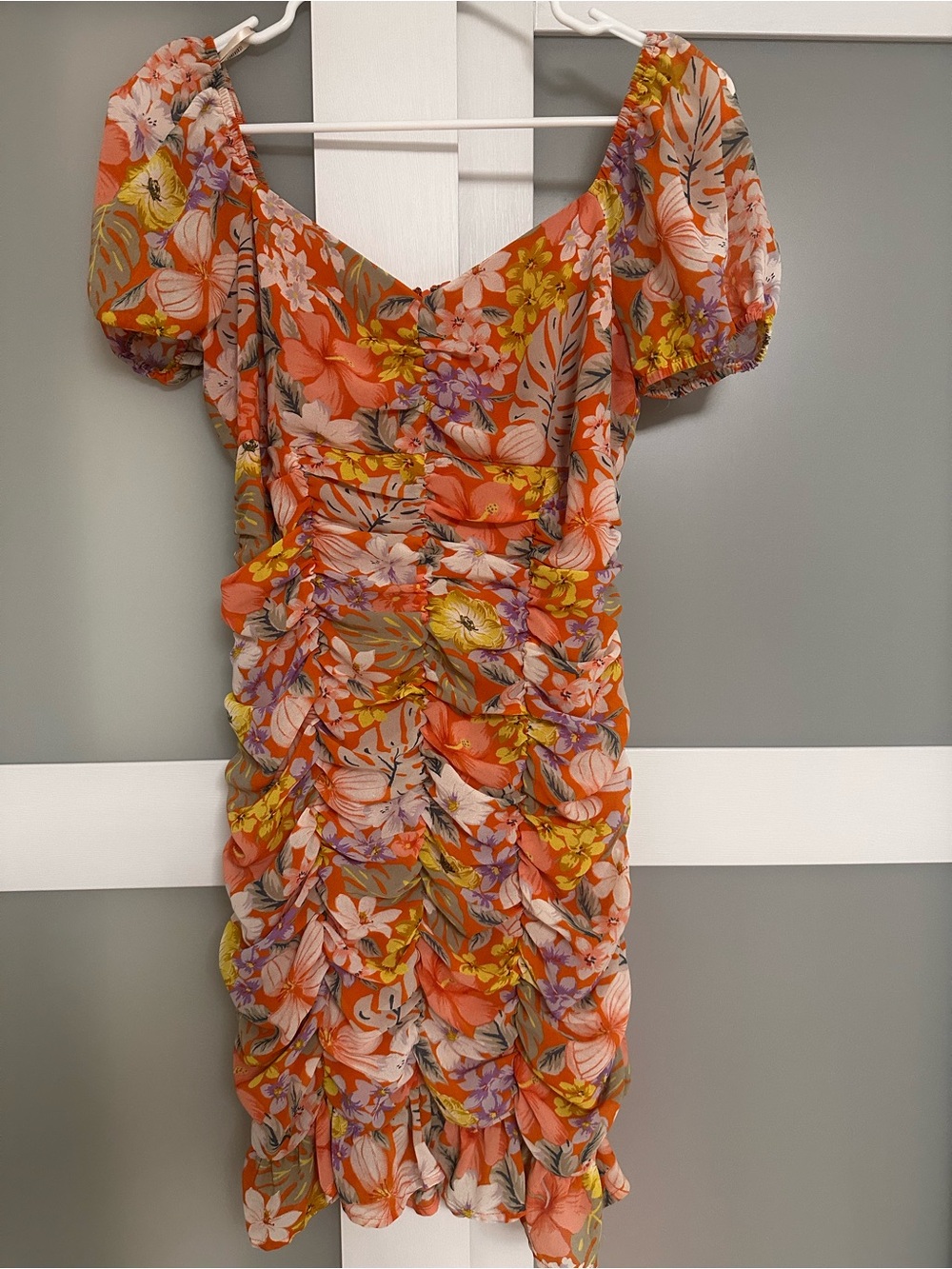 Forever 21 Orange Floral Puff-Sleeve Ruched Mini Dress
